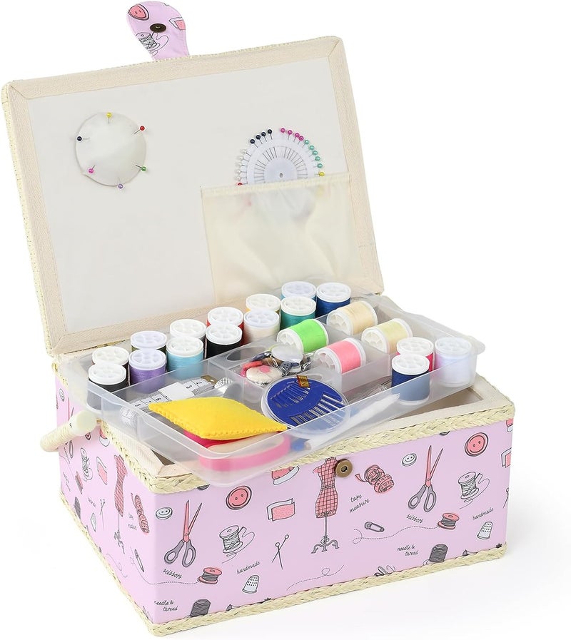 FOPUGT Sewing Basket - Large Sewing Box for Sewing Supplies, Sewing Organizer Box Sewing Kit Storage Christmas Gift for Sewing Enthusiast (Pastel Pink - Large) - Image 1